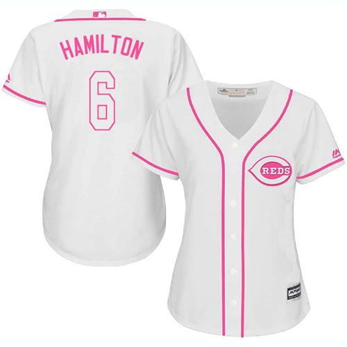 Reds #6 Billy Hamilton White/Pink Fashion Women's Stitched MLB Jersey